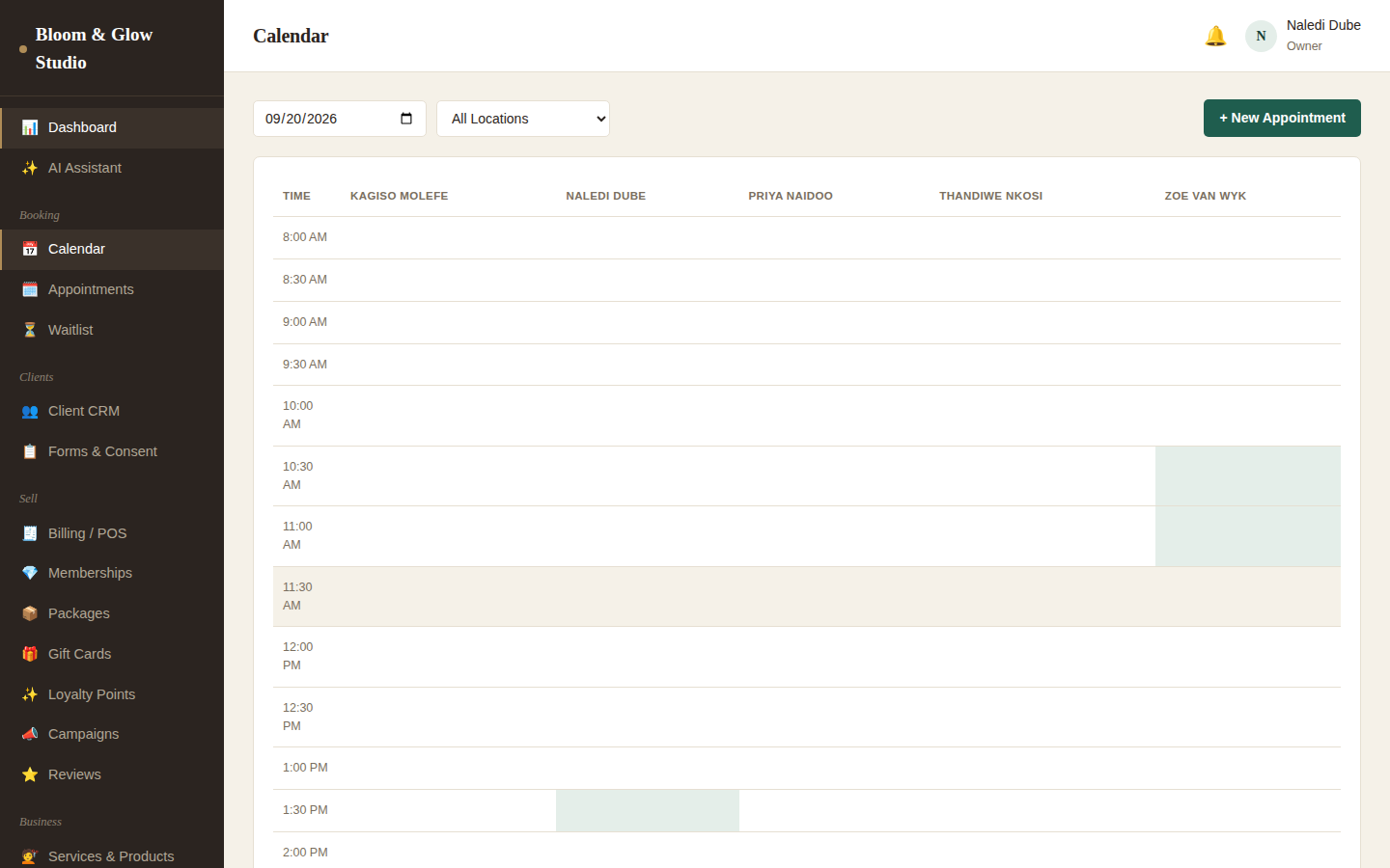 Real screenshot of Bloom Suite — Appointment & Booking Management